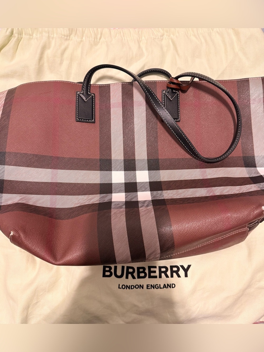 Burberry Burgundy Plaid Tote with Black Handles